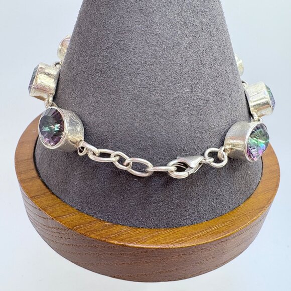 VTG sterling Silver 925 Mystic Topaz Tennis Bracelet Oval Bezel Set 7.5 - 8.25" - Picture 4 of 12